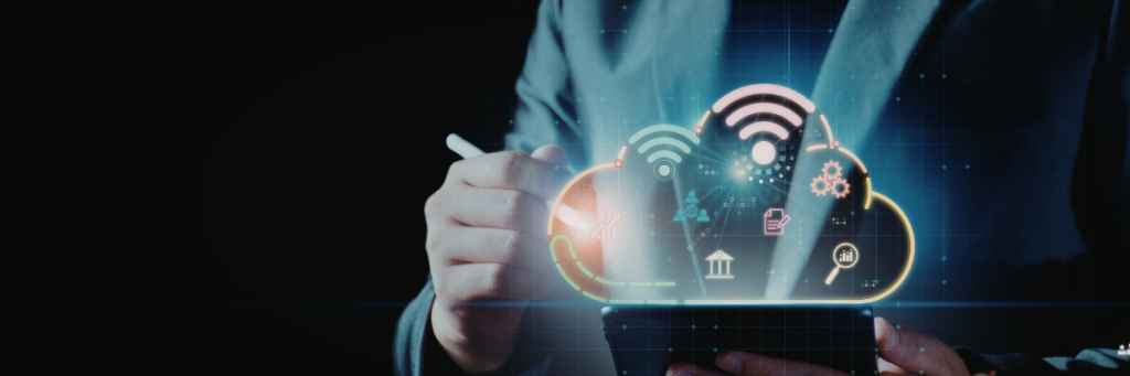 Cloud computing with a businessman on a shiny background